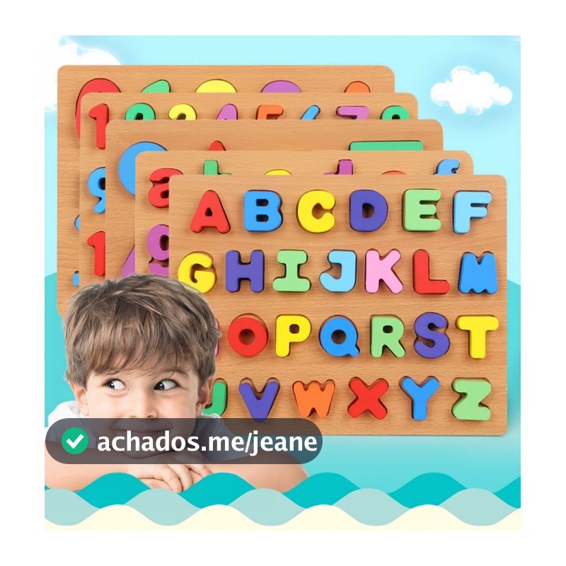 Kit 2 Quebra-Cabeça De Madeira Educativo Montessori Alfabeto Letras E Números Brinquedo Pedagógico Didático