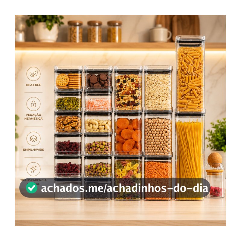 Kit 20 Potes Porta Mantimento Herméticos 2,3litros 1,1litro 500ml Acrílico Empilhável Transparência Cristal Livre de BPA