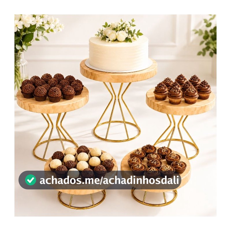 Kit Boleiras Douradas com Tampão de Madeira | Decoração Luxo para Festas e Mesa Posta ✨