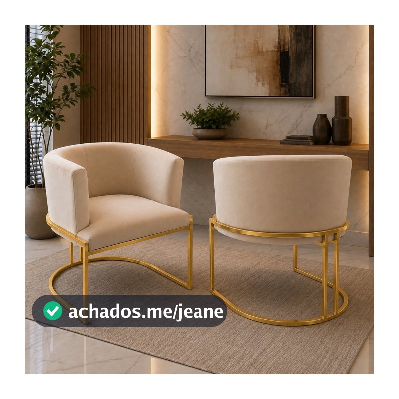 Kit 2 Poltronas De Base Ferro Dourada Cadeira Estrutura Meia Lua Tecido Veludo Para Salão Consultório Luxo Luxousa