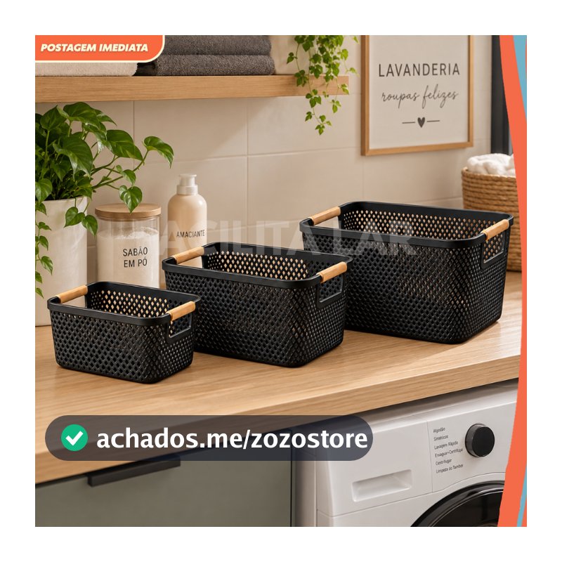 Kit Cesto organizador com alças em bambu – Multiuso para casa, banheiro, lavanderia e escritório