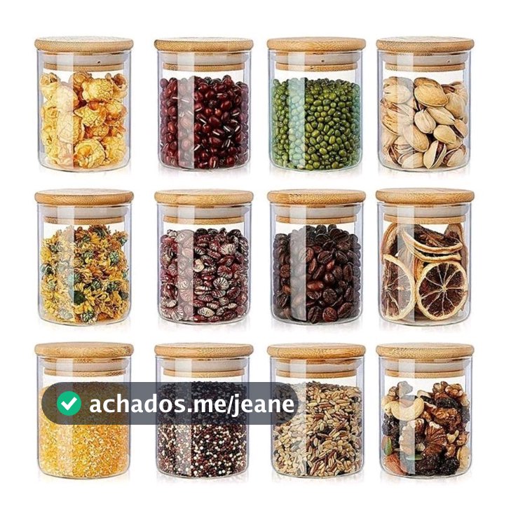 6 Potes de Vidro Hermético com Tampa de Bambu 250ml para Temperos e Alimentos