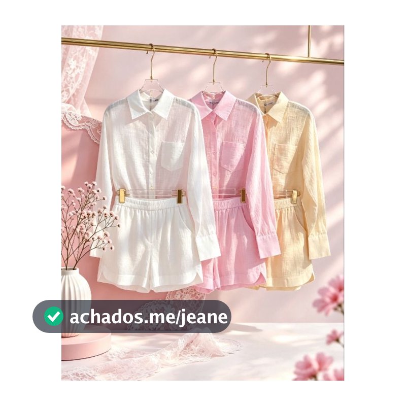 Conjunto em linho importado camisa e short com forrado casaul elegante para seu looks coreção novo em verão