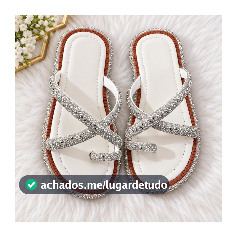 Sandália Feminina Rasteirinha Luxo com Strass Brilho Confortável Casual