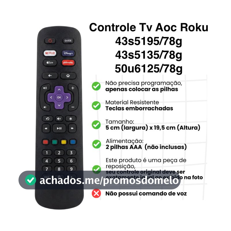 Controle Remoto TV Smart AOC Roku 32S5195/78G 43S5195/78G Netflix GloboPlay DAZN Deezer 9091