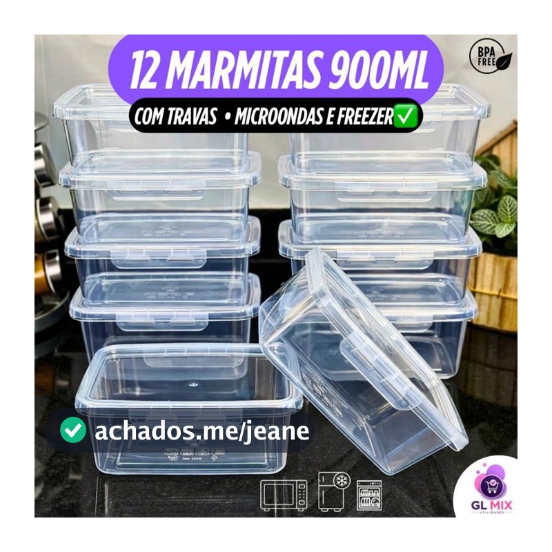 Kit 12 Marmita 900ml - Travas Hermética Premium BPA FREE Alta Vedação Freezer Microondas Lava Louças
