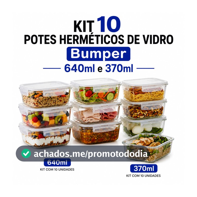 Kit 10 Pote de Vidro com Tampa Hermético Bumper 640ml e 370ml