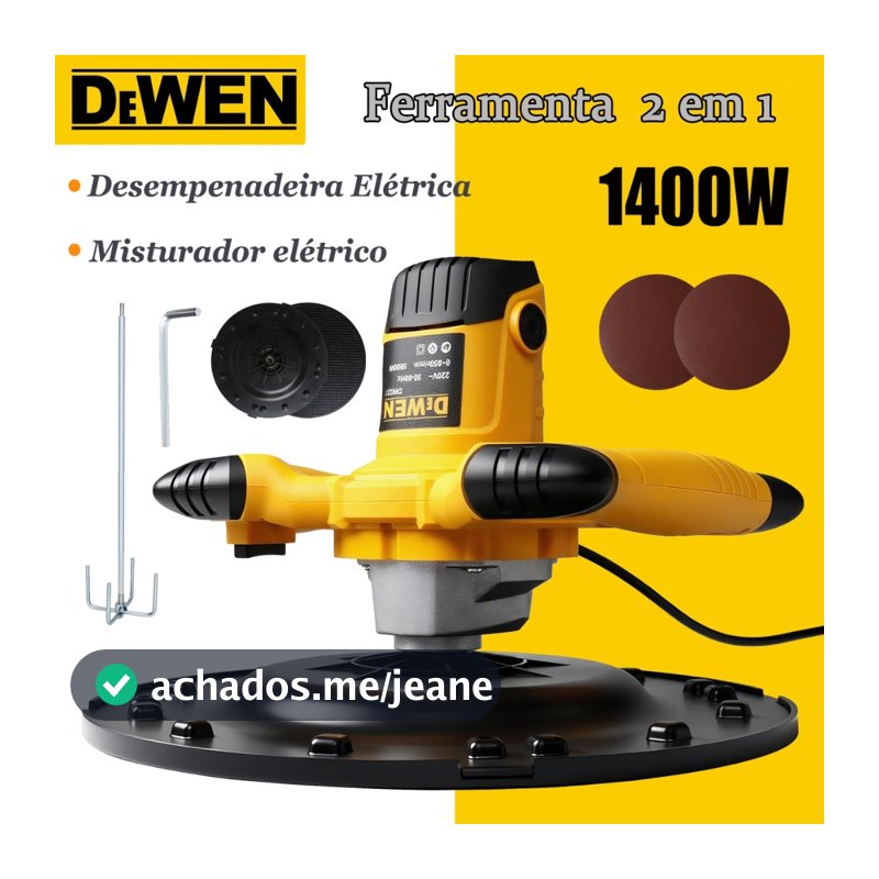 Desempenadeira Elétrica 2 em 1 para Reboco 1400W com Disco e Misturador Acessórios Inclusos