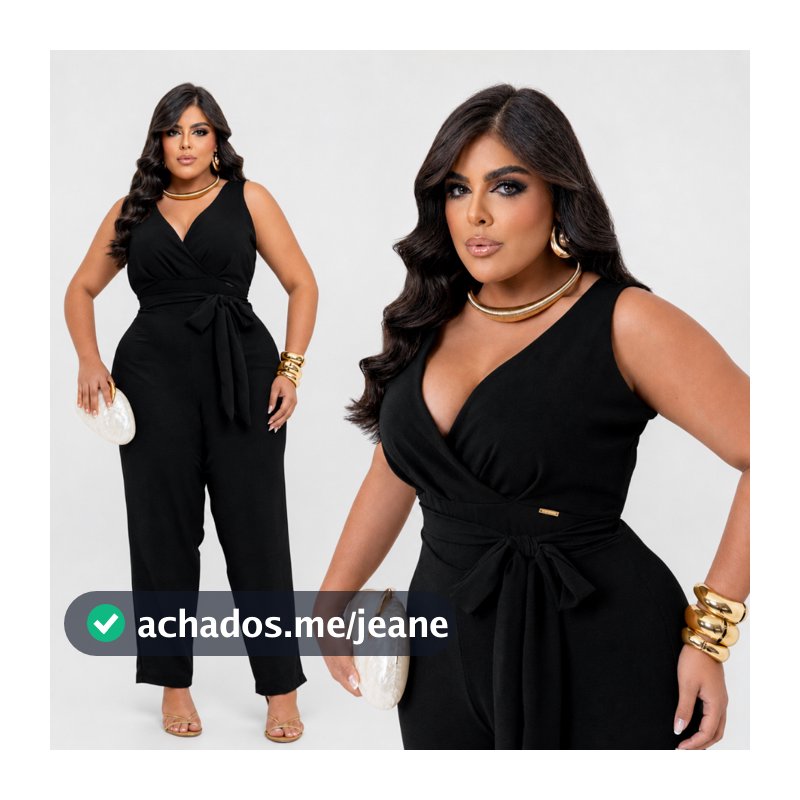 Macacão Plus Size Feminino Preto Elegante Decote Transpassado Com Faixa Festa Social