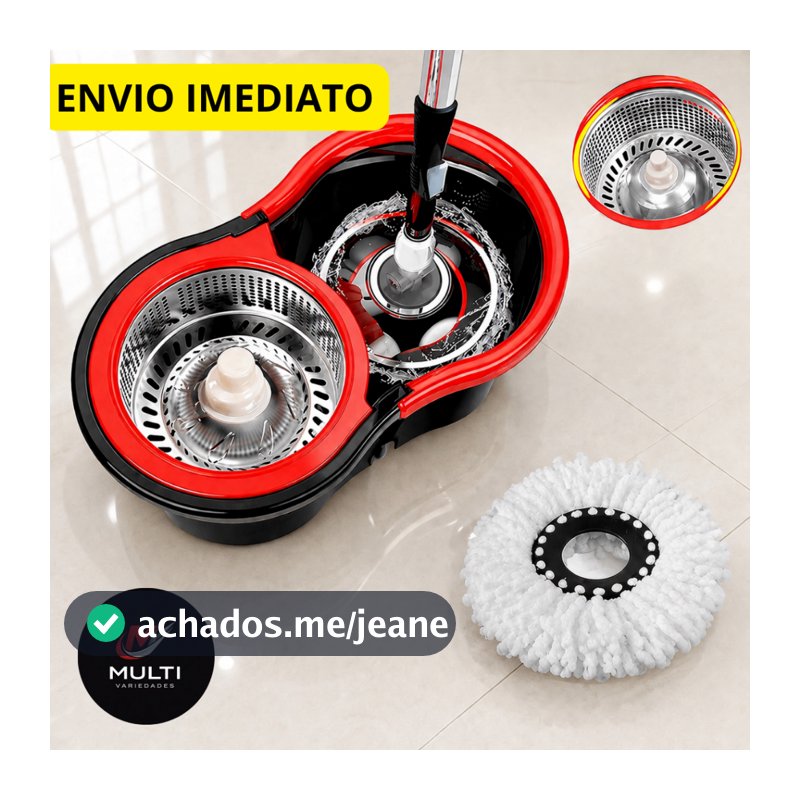 Mop Esfregão Giratório 13 Litros Plástico 360° com Refil Balde e Cesto de Inox Cabo