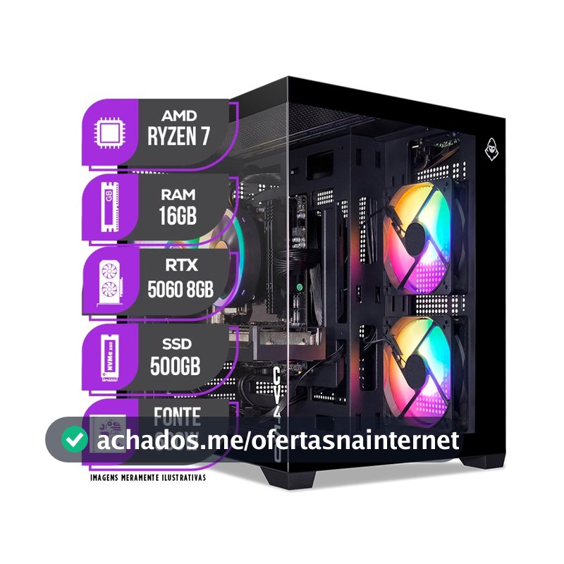PC Gamer Mancer, AMD RYZEN 7 5700X, Water Cooler, RTX 5060 8GB, 16GB DDR4, SSD M.2 500GB, Fonte 600W 80 Plus