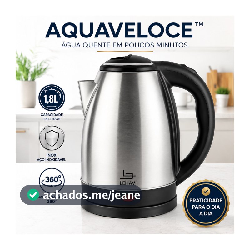 Chaleira Elétrica Inox 1,8L 220V Base Giratória 360° Alta Potência Aquecimento Rápido AquaVeloce