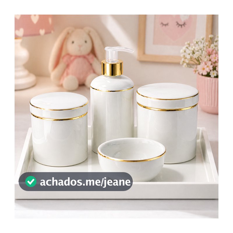 Kit Higiene Bebê 4 Peças + Bandeja MDF Peças Porcelana Detalhe Ouro Astro Cerejeira