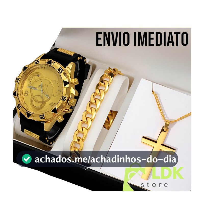 Kit Relogio Masculino Banhado Original + Colar com Cruz + Pulseira Premium