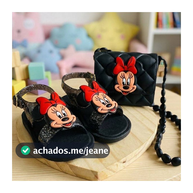 Kit Sandália e Bolsa feminina Infantil Conforto Emborrachado para menina preto pequenas fas Minnie
