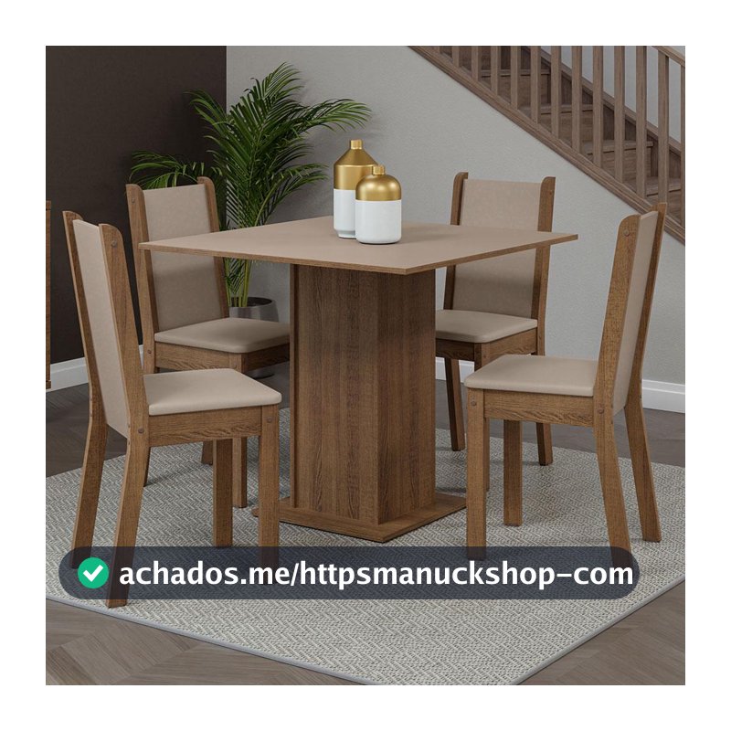 Conjunto Sala de Jantar Mesa Tampo de Madeira 4 Cadeiras Rustic/Crema/Sintético Bege Briana Madesa