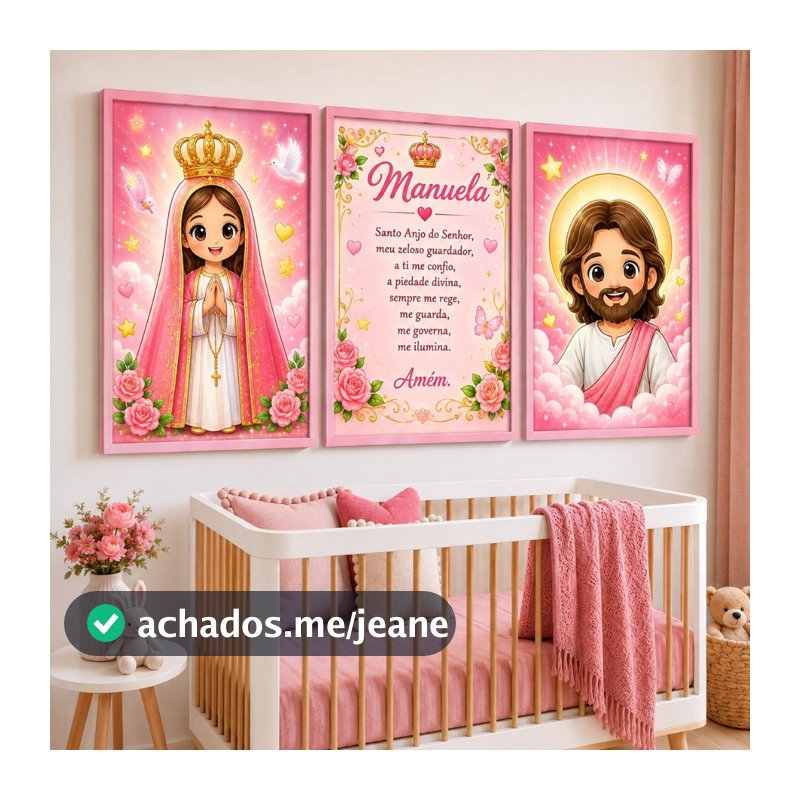 Kit 3 Quadros Decorativos Infantil Menina Religioso Nossa Senhora Jesus Santo Anjo com Oração Personalizado com Nome