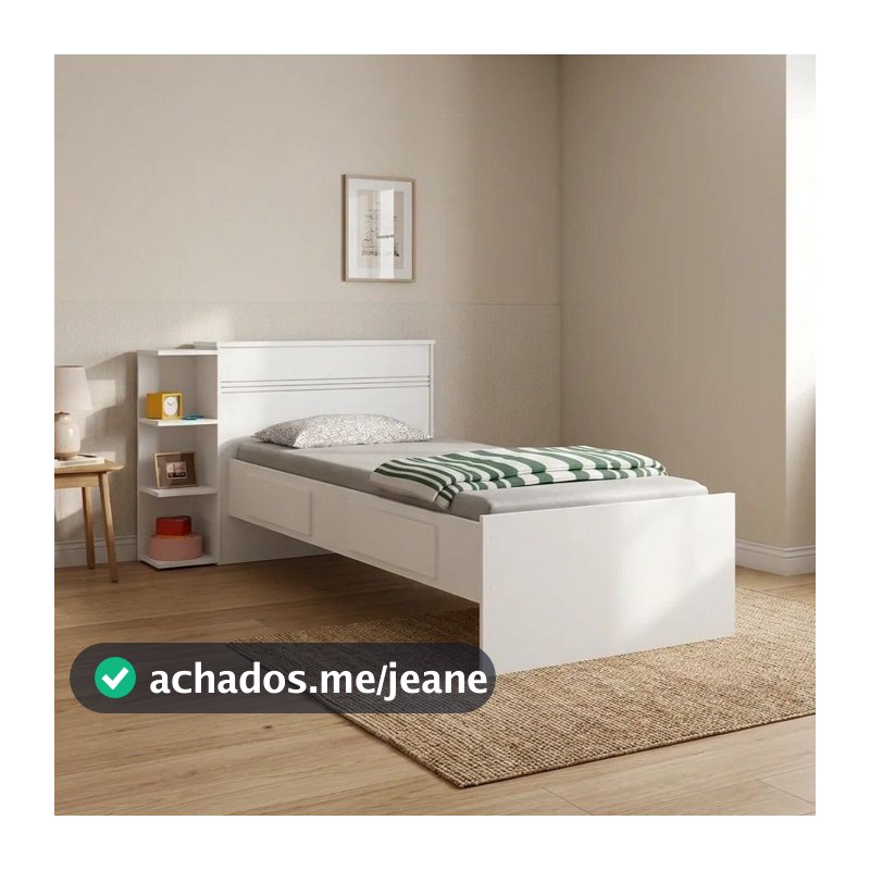 Cama Solteiro com Baú 2 Gavetas e 3 Nichos Jade Branco Branco