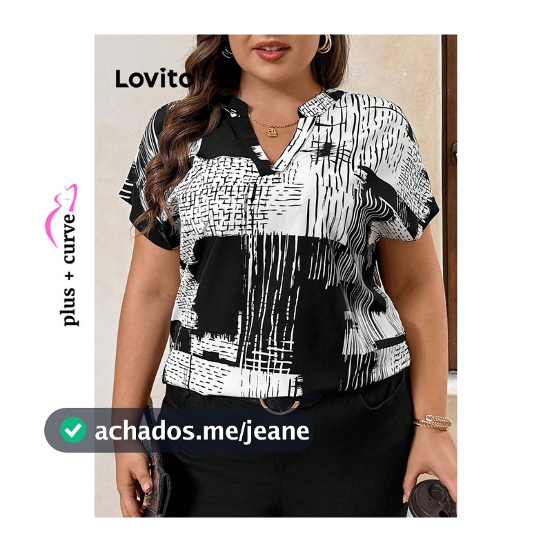 Lovito Casual Blusa Feminina Plus Size Curve Geométrica Primavera/verão LBL18308