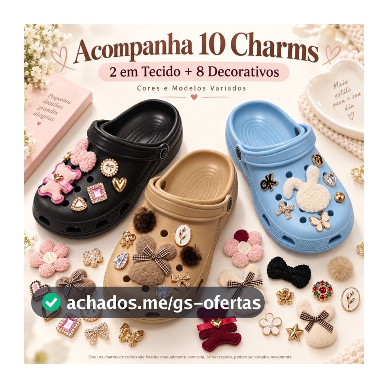 Babuche Feminina EVA com 10 Charms 2 em Tecido + 8 Decorativos Leve Confortável Antiderrapante Sandália Casual