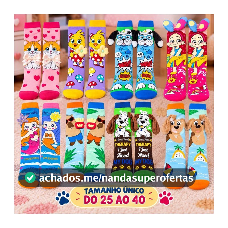 Meia Infantil Divertida 25 ao 40 3D Cano Alto Menina Menino Colorida Confortável Personagens Criativos