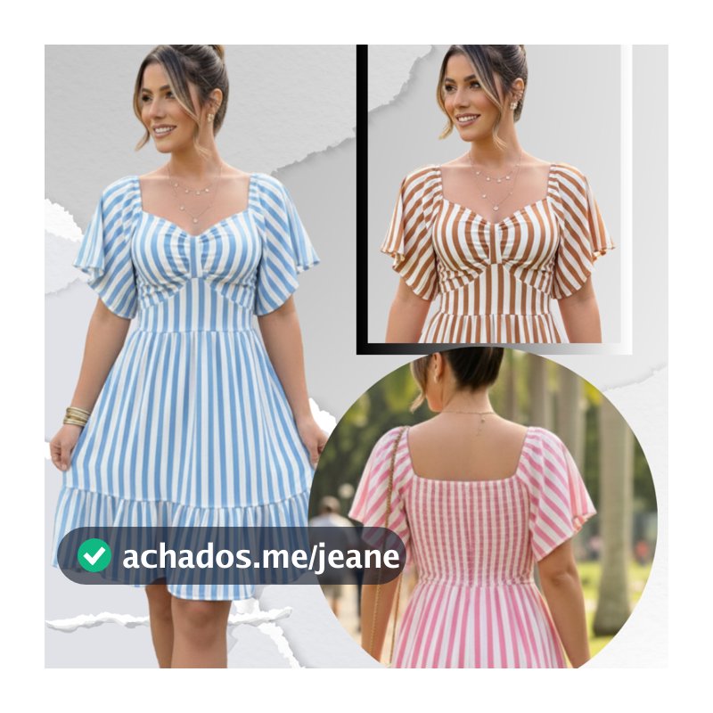 Vestido Feminino Curto Listrado em Viscolinho com Decote Moda Evangélica Modesta e Elegante