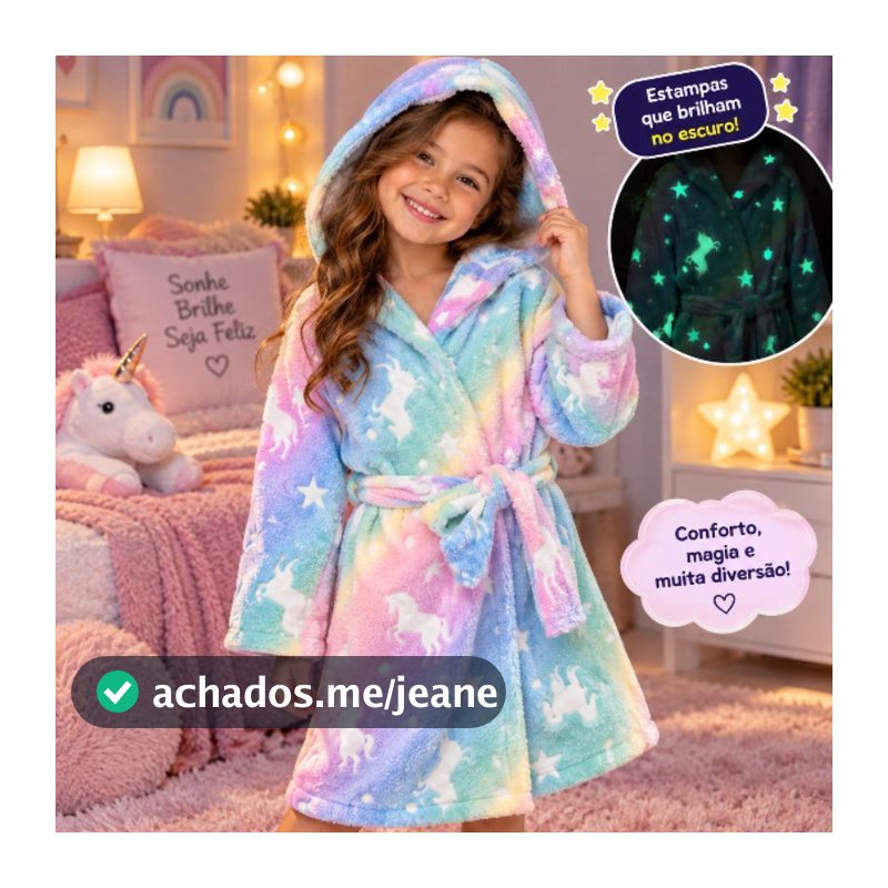 Roupão infantil com estampas que brilham no escuro. Confira os tamanhos na descrição.