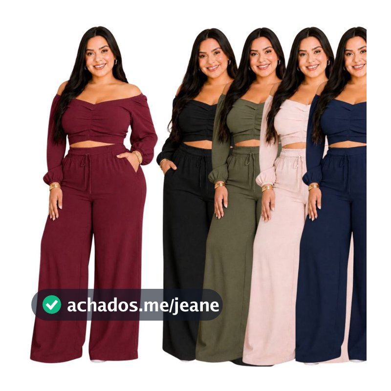 Conjunto Blusa Cropped Manga Longa e Calça Pantalona Forrada Plus Size Tamanho Grande Elegante