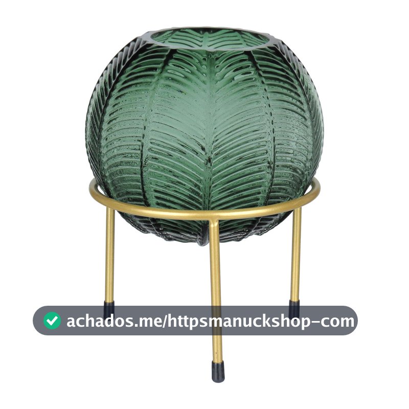 Vaso Decorativo Enfeite Planta Folhas com Suporte Metal Vidro 21x15x15cm Verde Flores Suculenta