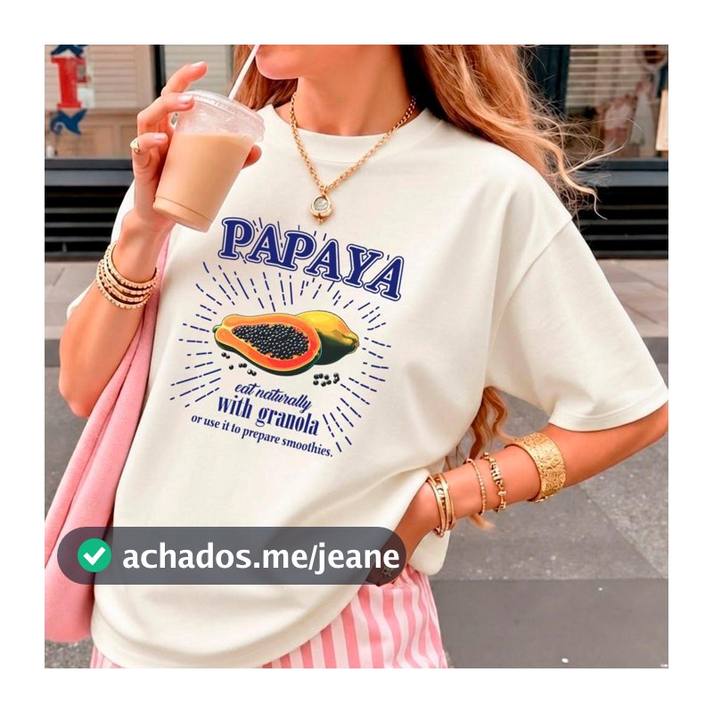 Camiseta Feminina Estampada Frutas PAPAYA WITH GRANOLA Tshirt Malha Premium