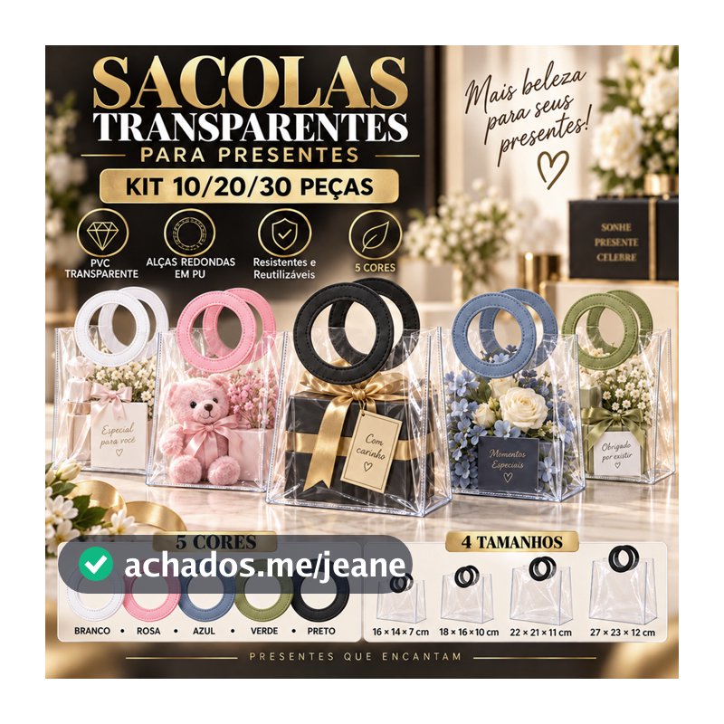 Sacola Transparente para Lembrancinha Festa em PVC com Alça Redonda Couro Sintético Kit 10/20/30