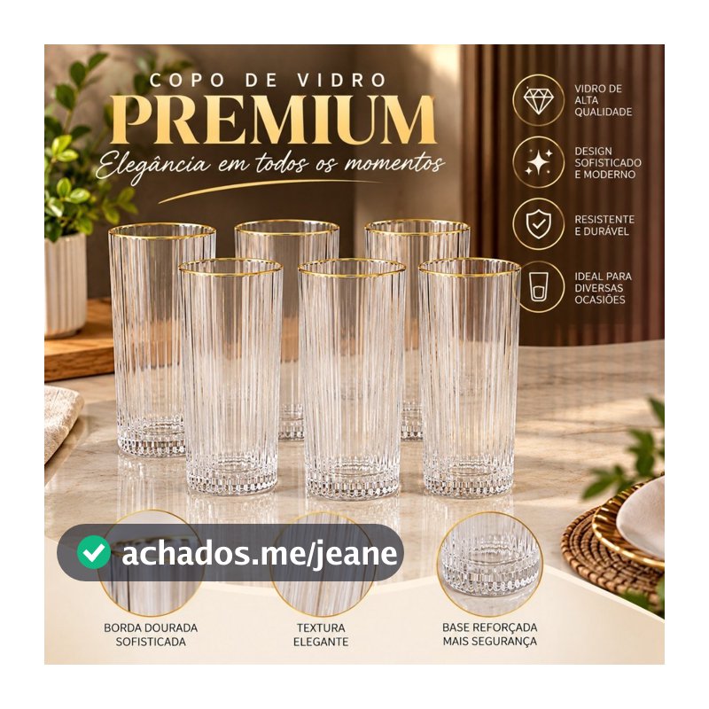 Jogo 6 Copos com Borda Dourada 370ml
