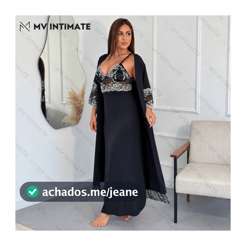 Kit Robe e Camisola Longos de Amamentação Sem Bojo em Microfibra Light com Renda Bicolor