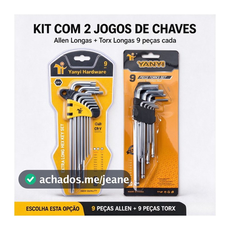 Jogo Chaves Allen + Torx Longas 9 Peças CR-V, Kit Chave Hexagonal Estrela para Mecânica, Bicicleta e Reparo Automotivo