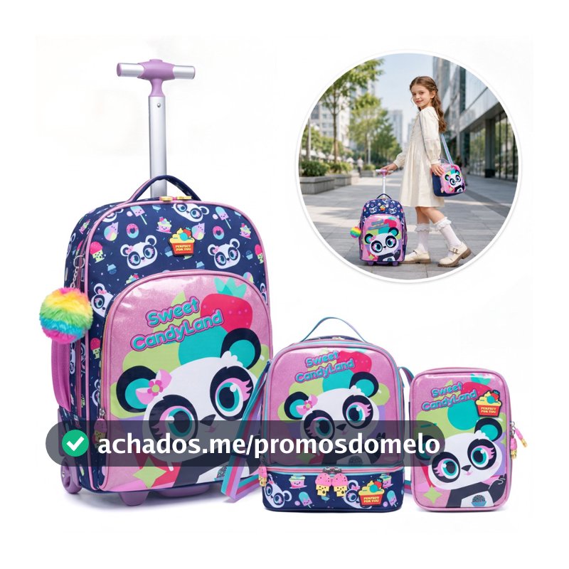 Conjunto Mochila Rodinhas Feminina com Lancheira e Estojo Infantil