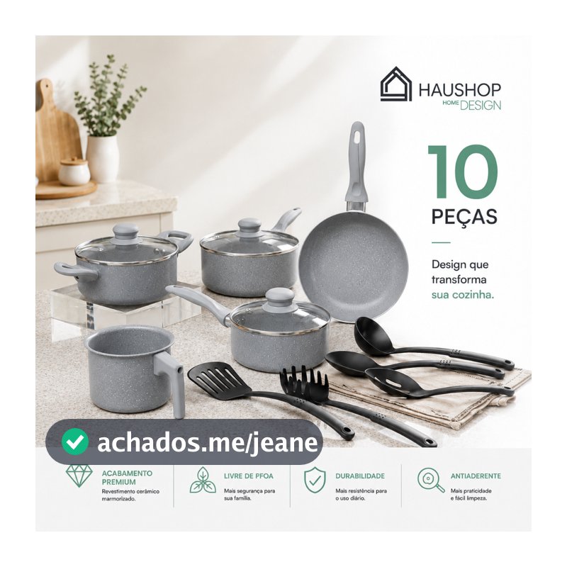 Jogo de Panelas Cerâmico Haushop 10 Peças Antiaderente Marmorizado com Tampa de Vidro Cozinha Completa