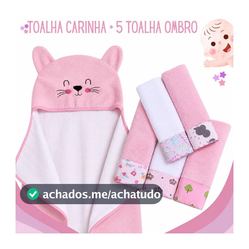 Kit Banho Bebê 6 Peças 1 Toalha Carinha Bordada E 5 Toalhinhas Ombro Overlocadas