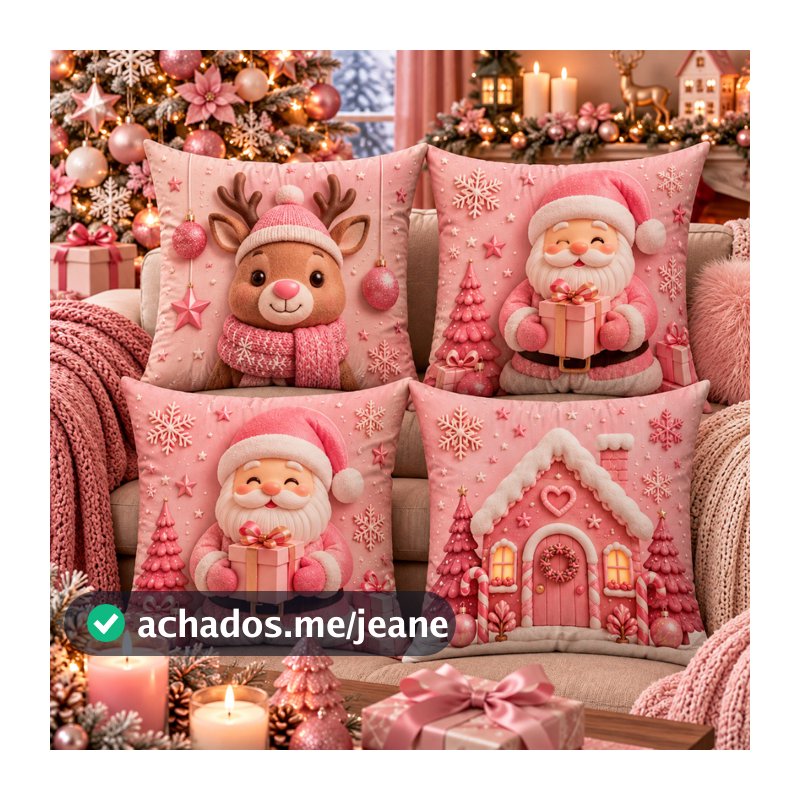 Conjunto 4 Capas de Almofadas Natalinas 45x45cm Oxford Rosa Papai Noel Rena Casinha Rosa Sofá e Sala