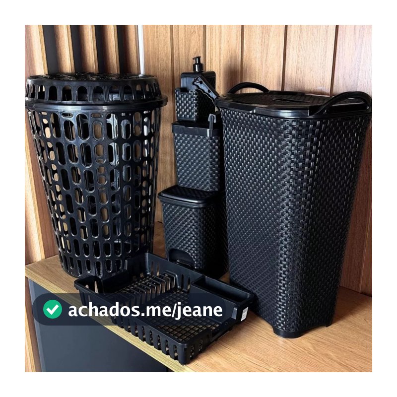 Kit Organização Lavanderia Cozinha Completo cesto de roupa, lixeira 7 e 5L, dispenser rattan e rodo