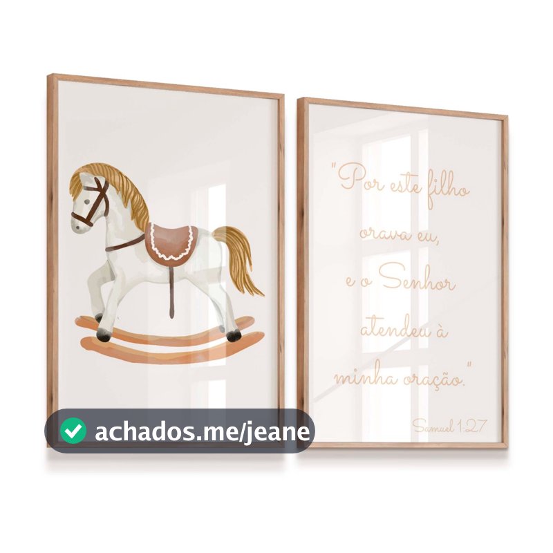 Kit 2 Quadros Decorativos Infantil 23x33cm Vidro Cavalinho Passagem Bíblica Quarto Sala