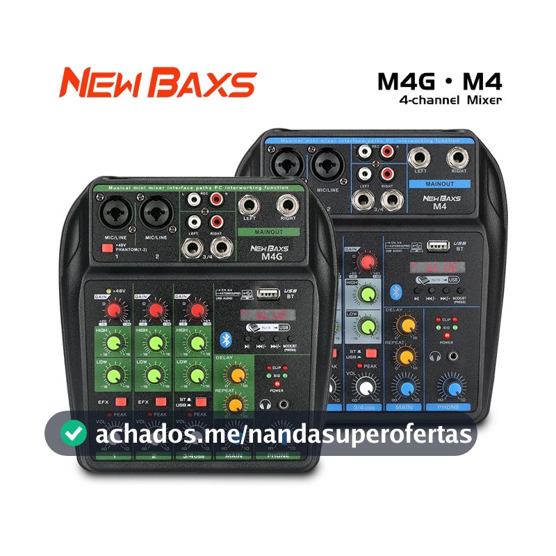 Mesa de Som NEW BAXS M4/M4G | 4 Canais | Bluetooth | Entrada USB | MP3 Player | Portátil para Karaokê e Eventos