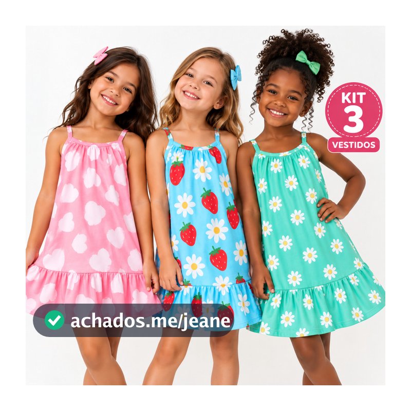 Kit 3 Vestido Infantil Menina Feminino Alça Verão Estampado Leve Fresquinho Tam 1 ao 8 Roupa de Festa Praia