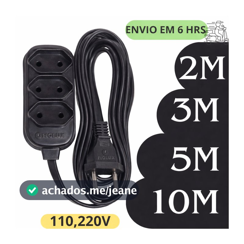 Extensão Elétrica Bivolt 2metros, 3metros, 5metros e 10 metros- Tomadas Pretas Tripolares