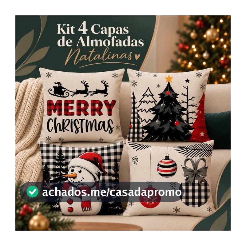 Kit 4 Capas Almofada Digital Decorativa De Natal 43x43 Cm