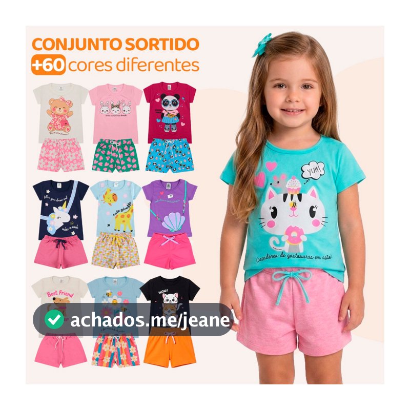 Kit Sortido 20 Peças de Roupas Infantil Menina (10 Camisetas + 10 Bermudas) Kit 10 Conjuntos Menina