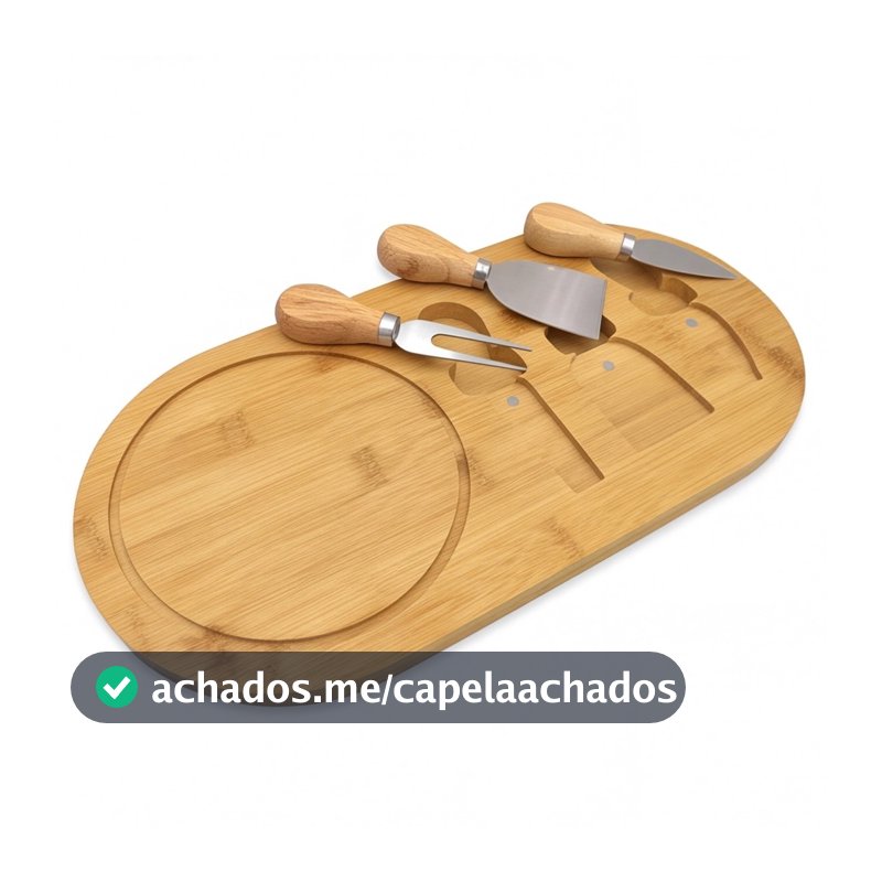 Tábua de Queijos e Frios em Bambu 36x18cm com 3 Utensílios para Petiscos e Aperitivos Gourmet