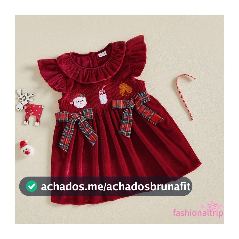 [FaSh] Vestido Infantil Feminino De Natal Com Manga Voadora E Laços Bordados Em Linha A