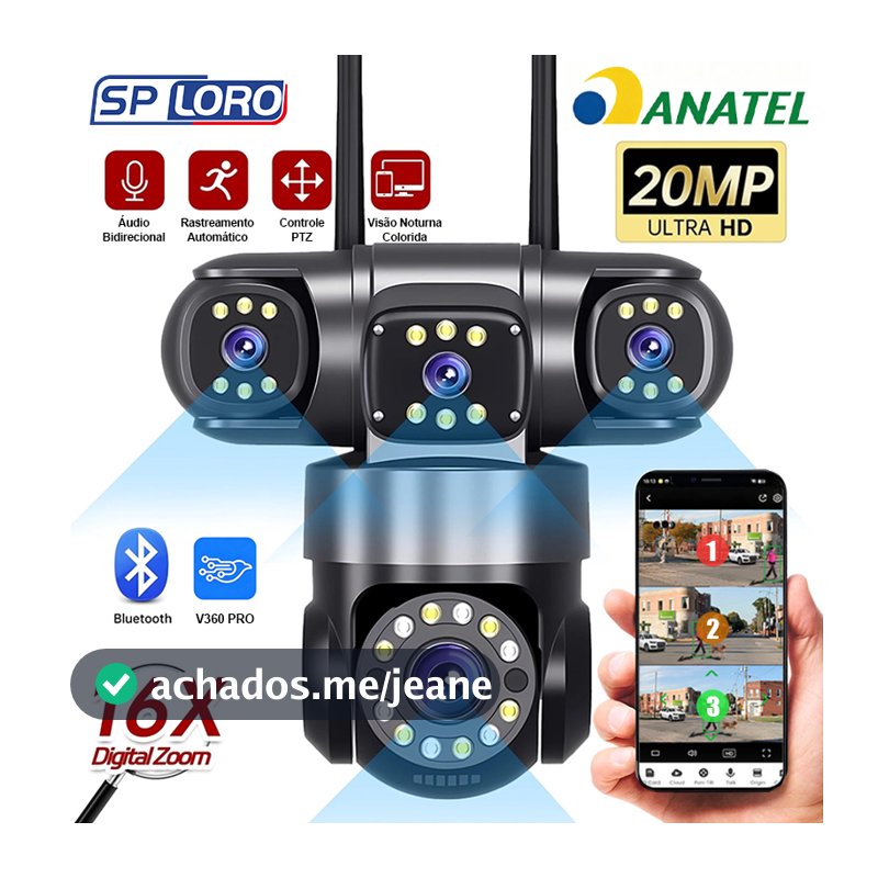 Câmera de Segurança Tripla Inteligente Wi-Fi 360° 4K Visão Noturna Detecção de Movimento Preto P16