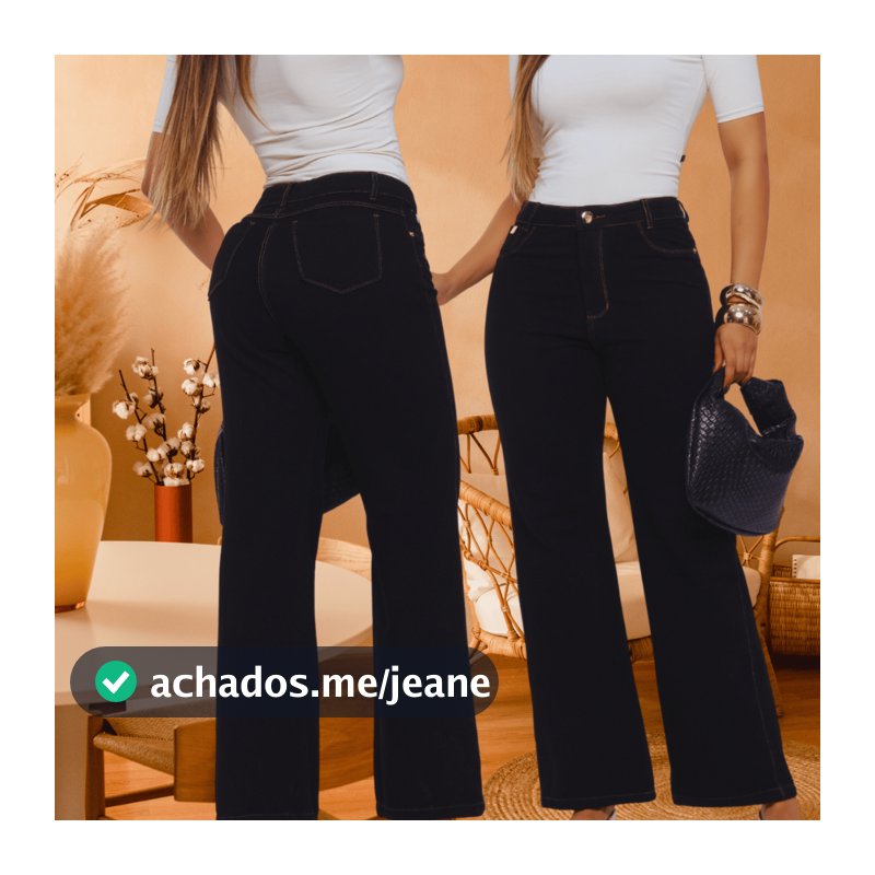 Calça Feminina Wide Leg Delicada Preta com linha ocre 100% algodão Cintura Alta Perfeita Linda