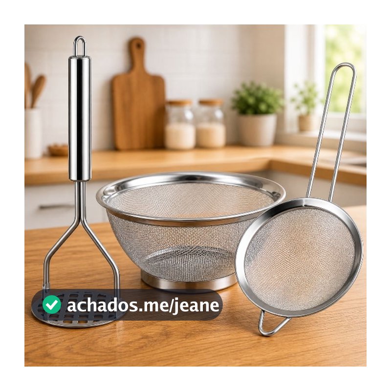 Kit Cozinha Inox Peneira + Cesta + Amassador Resistente Multiuso